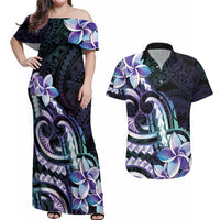 Polynesian Art Tattoo Couples Matching Off Shoulder Maxi Dress and Hawaiian Shirt Plumeria Flowers Turquoise Gradient LT05 Turquoise - Polynesian Pride