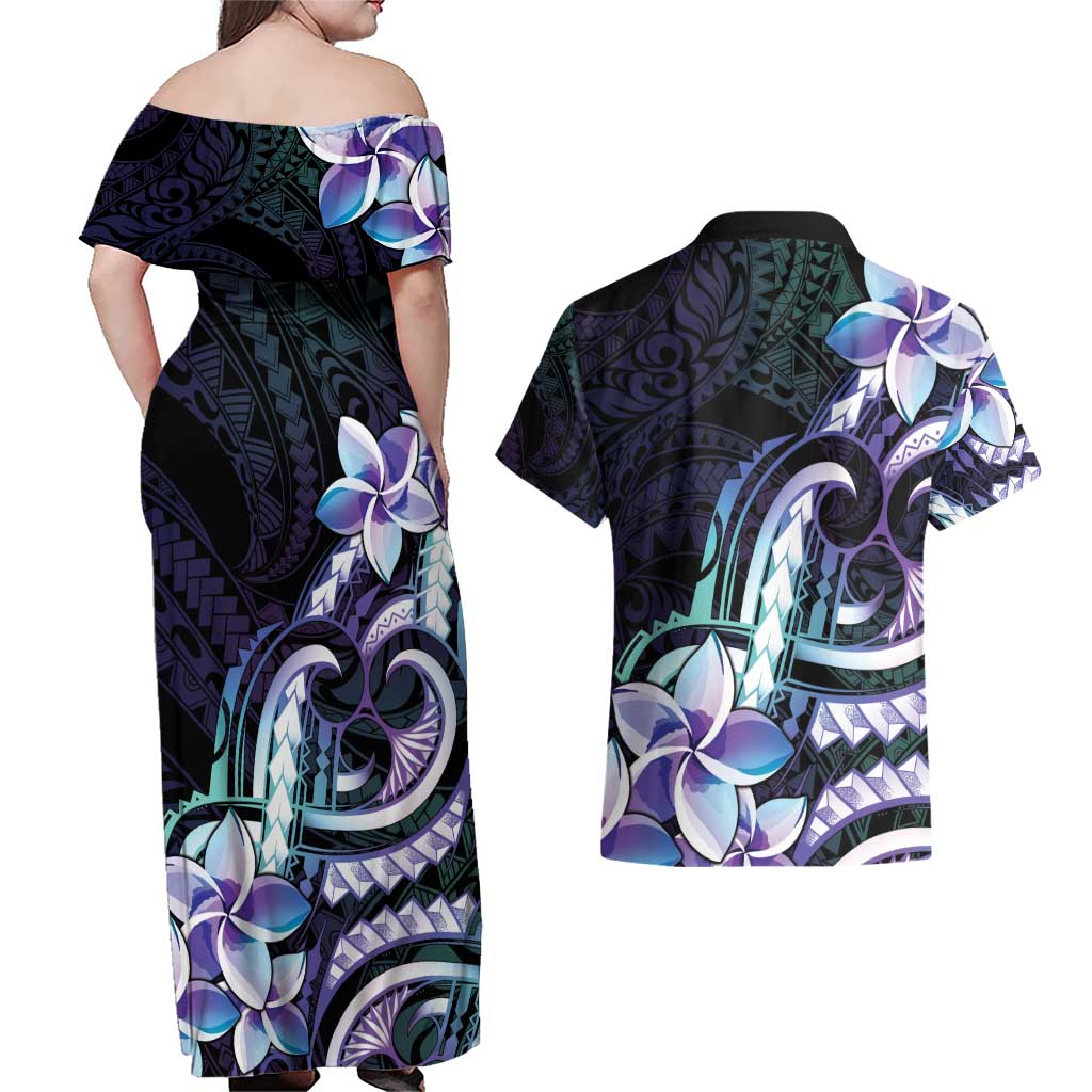 Polynesian Art Tattoo Couples Matching Off Shoulder Maxi Dress and Hawaiian Shirt Plumeria Flowers Turquoise Gradient LT05 - Polynesian Pride