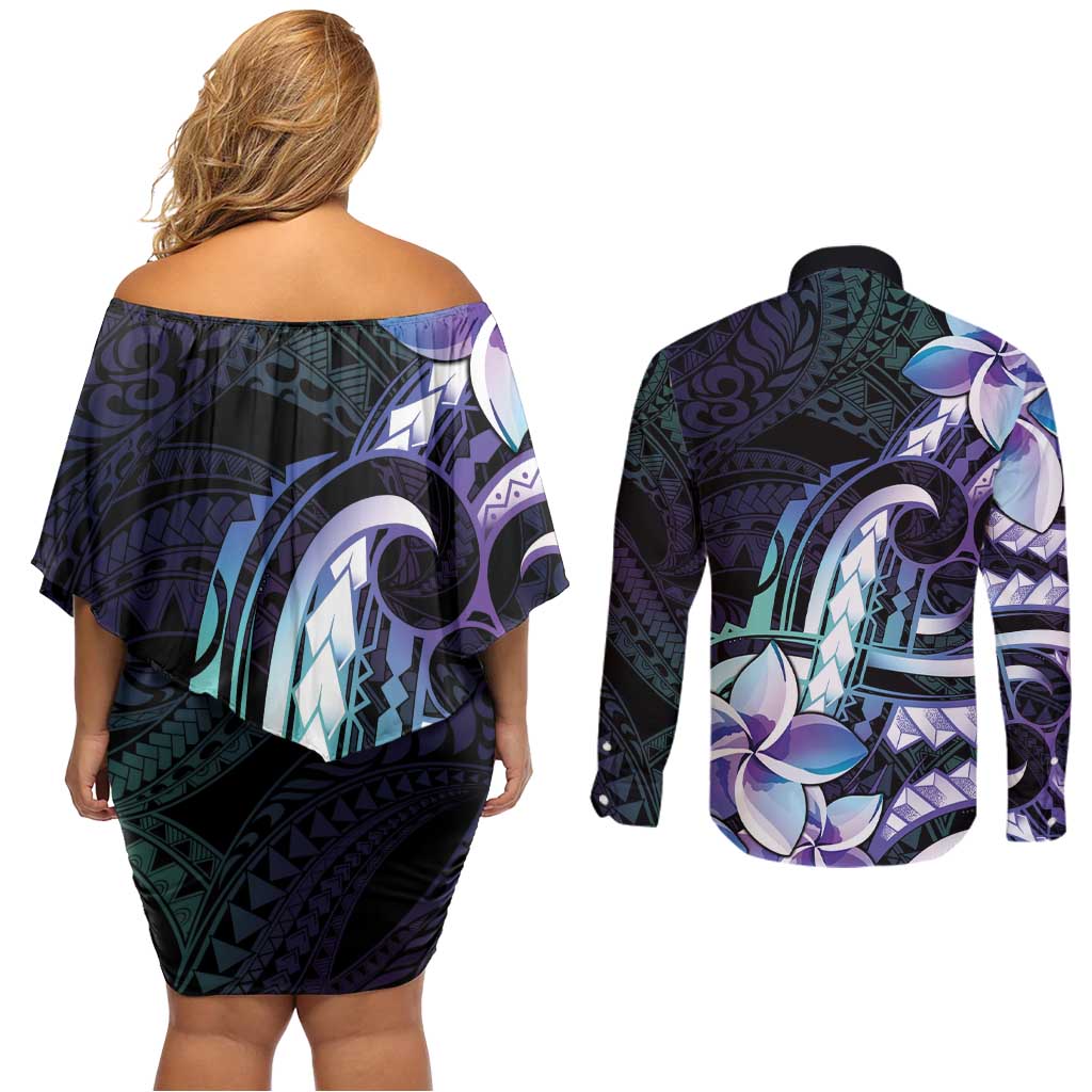 Polynesian Art Tattoo Couples Matching Off Shoulder Short Dress and Long Sleeve Button Shirt Plumeria Flowers Turquoise Gradient
