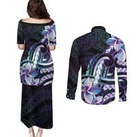 Polynesian Art Tattoo Couples Matching Puletasi and Long Sleeve Button Shirt Plumeria Flowers Turquoise Gradient