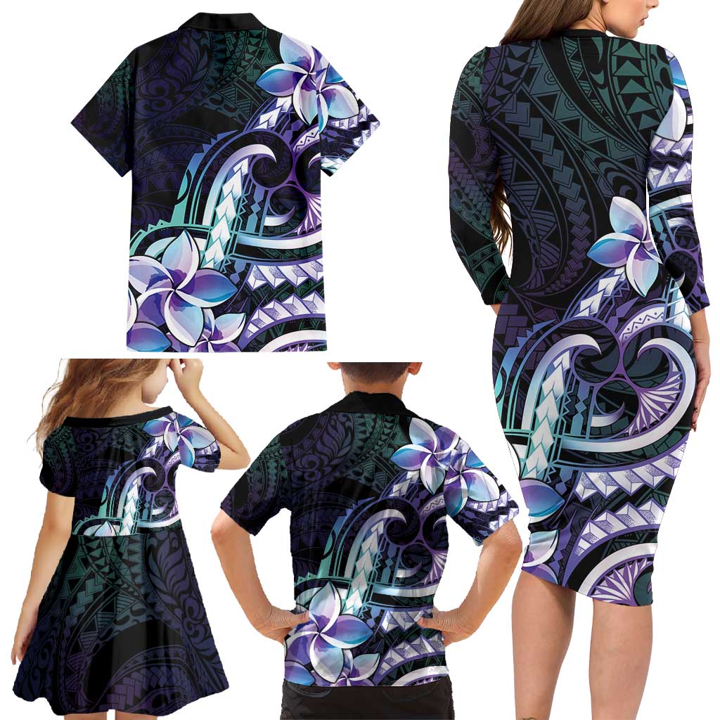 Polynesian Art Tattoo Family Matching Long Sleeve Bodycon Dress and Hawaiian Shirt Plumeria Flowers Turquoise Gradient LT05 - Polynesian Pride