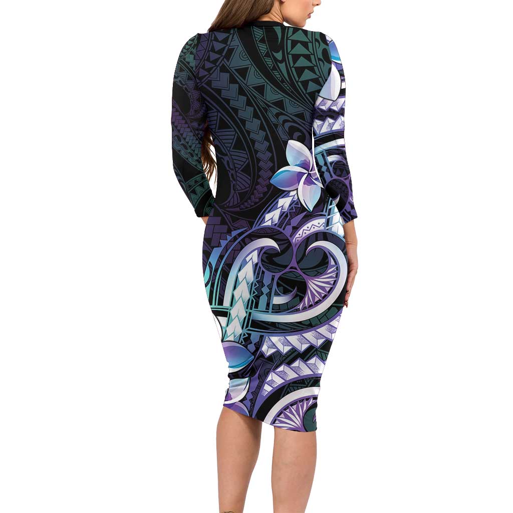 Polynesian Art Tattoo Family Matching Long Sleeve Bodycon Dress and Hawaiian Shirt Plumeria Flowers Turquoise Gradient LT05 - Polynesian Pride