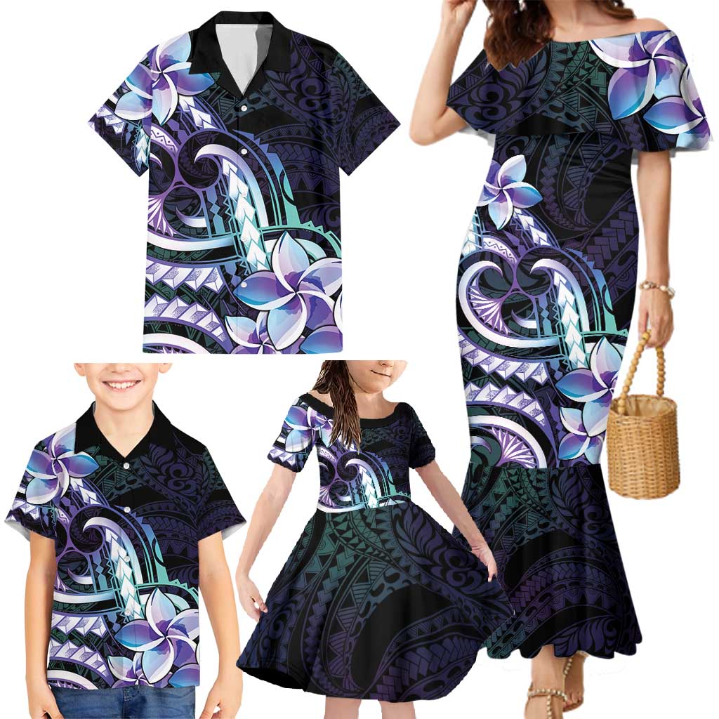 Polynesian Art Tattoo Family Matching Mermaid Dress and Hawaiian Shirt Plumeria Flowers Turquoise Gradient