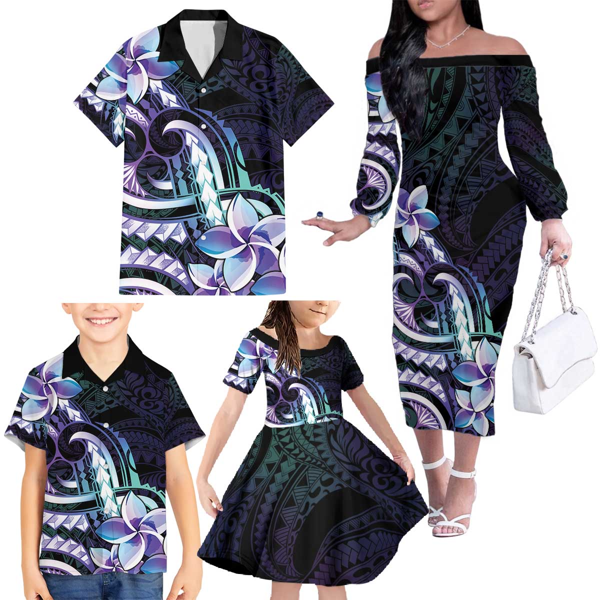 Polynesian Art Tattoo Family Matching Off The Shoulder Long Sleeve Dress and Hawaiian Shirt Plumeria Flowers Turquoise Gradient LT05 - Polynesian Pride