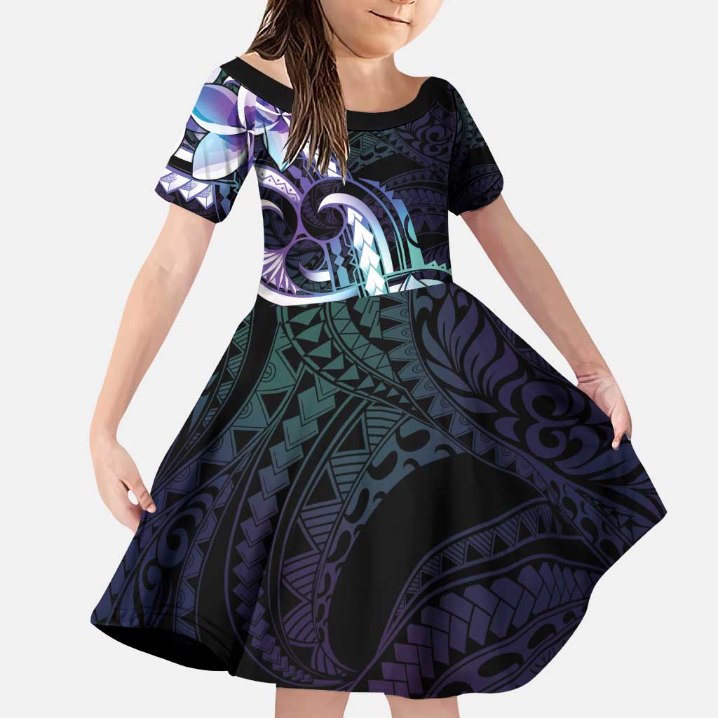 Polynesian Art Tattoo Family Matching Puletasi and Hawaiian Shirt Plumeria Flowers Turquoise Gradient LT05 Daughter's Dress Turquoise - Polynesian Pride