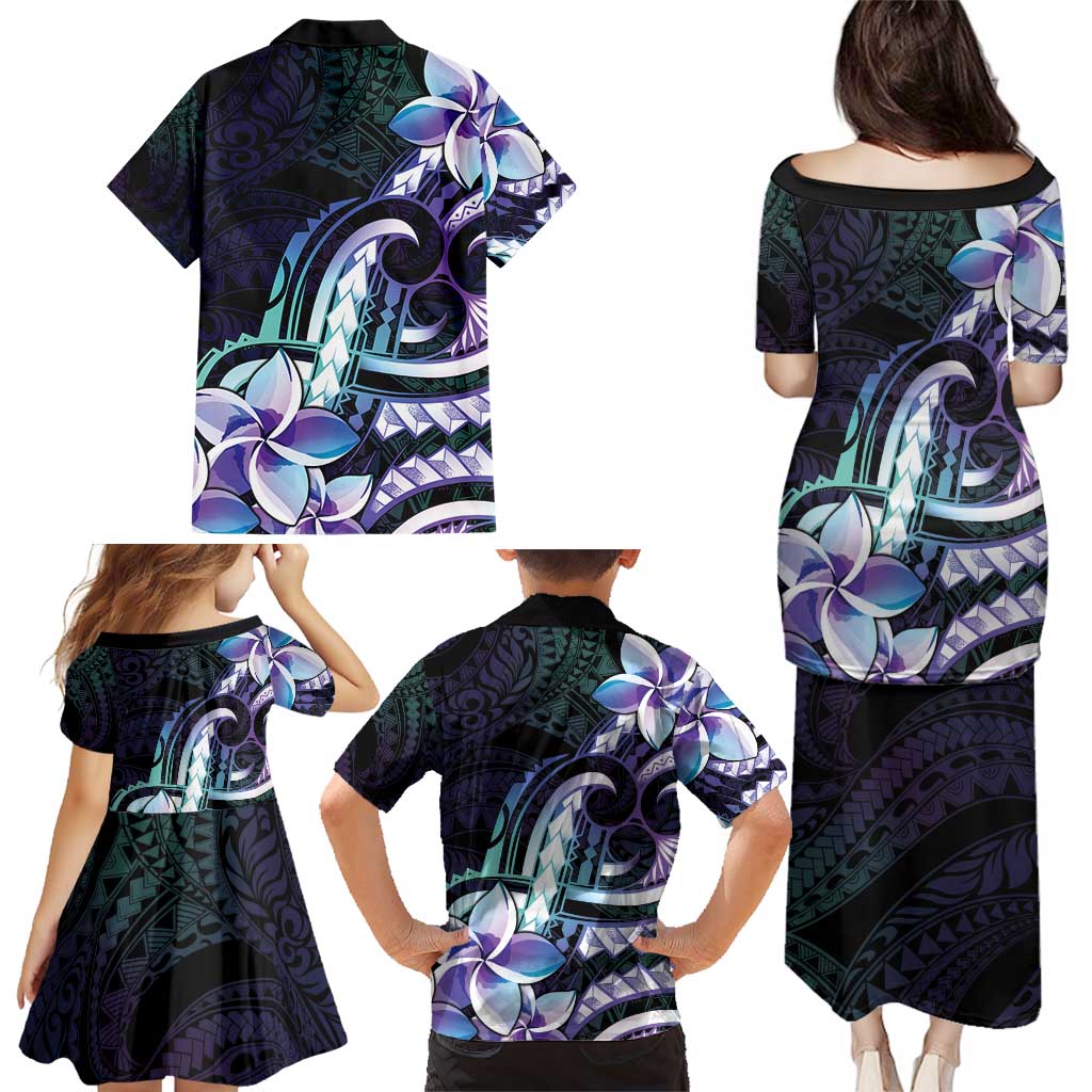 Polynesian Art Tattoo Family Matching Puletasi and Hawaiian Shirt Plumeria Flowers Turquoise Gradient LT05 - Polynesian Pride
