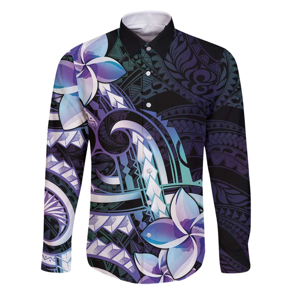 Polynesian Art Tattoo Family Matching Puletasi and Hawaiian Shirt Plumeria Flowers Turquoise Gradient LT05 Dad's Shirt - Long Sleeve Turquoise - Polynesian Pride