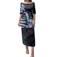 Polynesian Art Tattoo Family Matching Puletasi and Hawaiian Shirt Plumeria Flowers Turquoise Gradient LT05 Mom's Dress Turquoise - Polynesian Pride