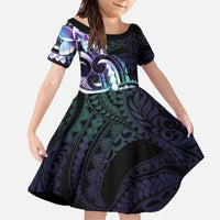 Polynesian Art Tattoo Family Matching Short Sleeve Bodycon Dress and Hawaiian Shirt Plumeria Flowers Turquoise Gradient LT05 Daughter's Dress Turquoise - Polynesian Pride