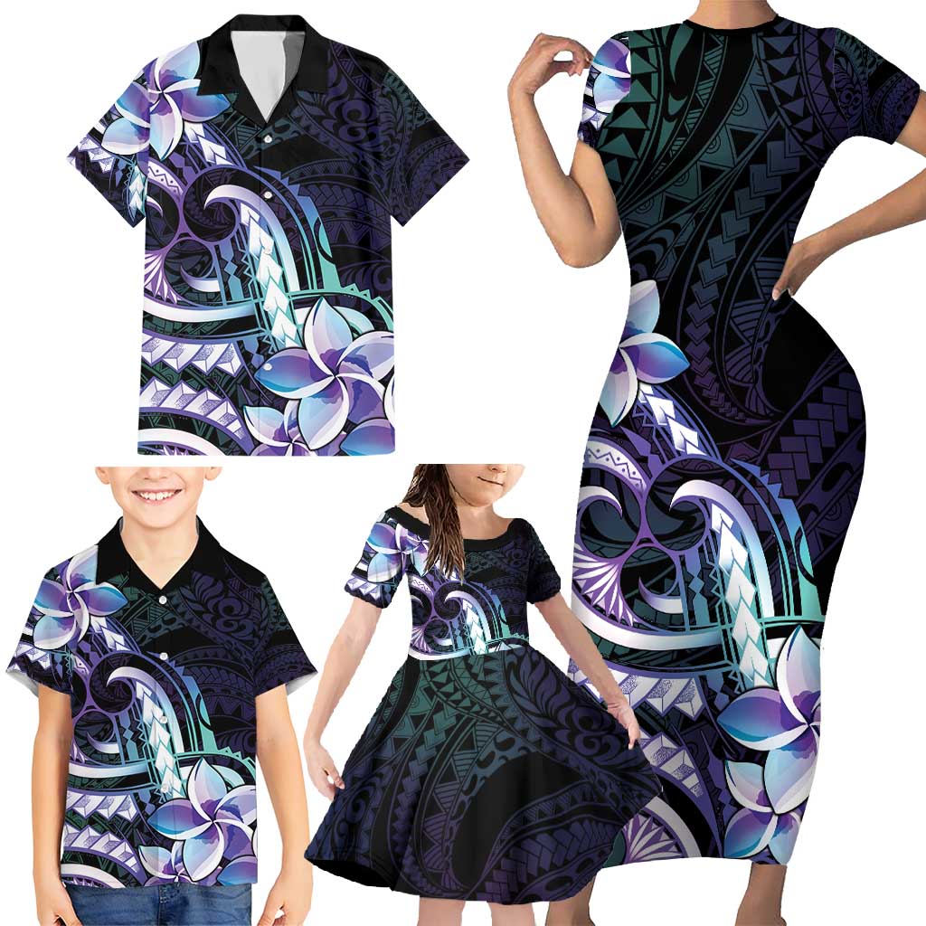 Polynesian Art Tattoo Family Matching Short Sleeve Bodycon Dress and Hawaiian Shirt Plumeria Flowers Turquoise Gradient LT05 - Polynesian Pride