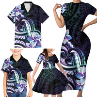 Polynesian Art Tattoo Family Matching Short Sleeve Bodycon Dress and Hawaiian Shirt Plumeria Flowers Turquoise Gradient LT05 - Polynesian Pride