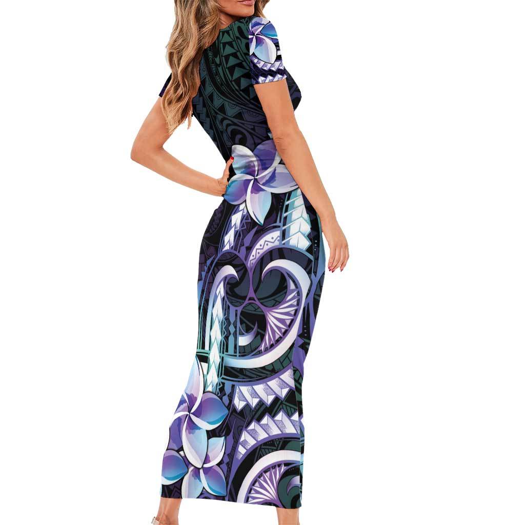 Polynesian Art Tattoo Family Matching Short Sleeve Bodycon Dress and Hawaiian Shirt Plumeria Flowers Turquoise Gradient LT05 - Polynesian Pride