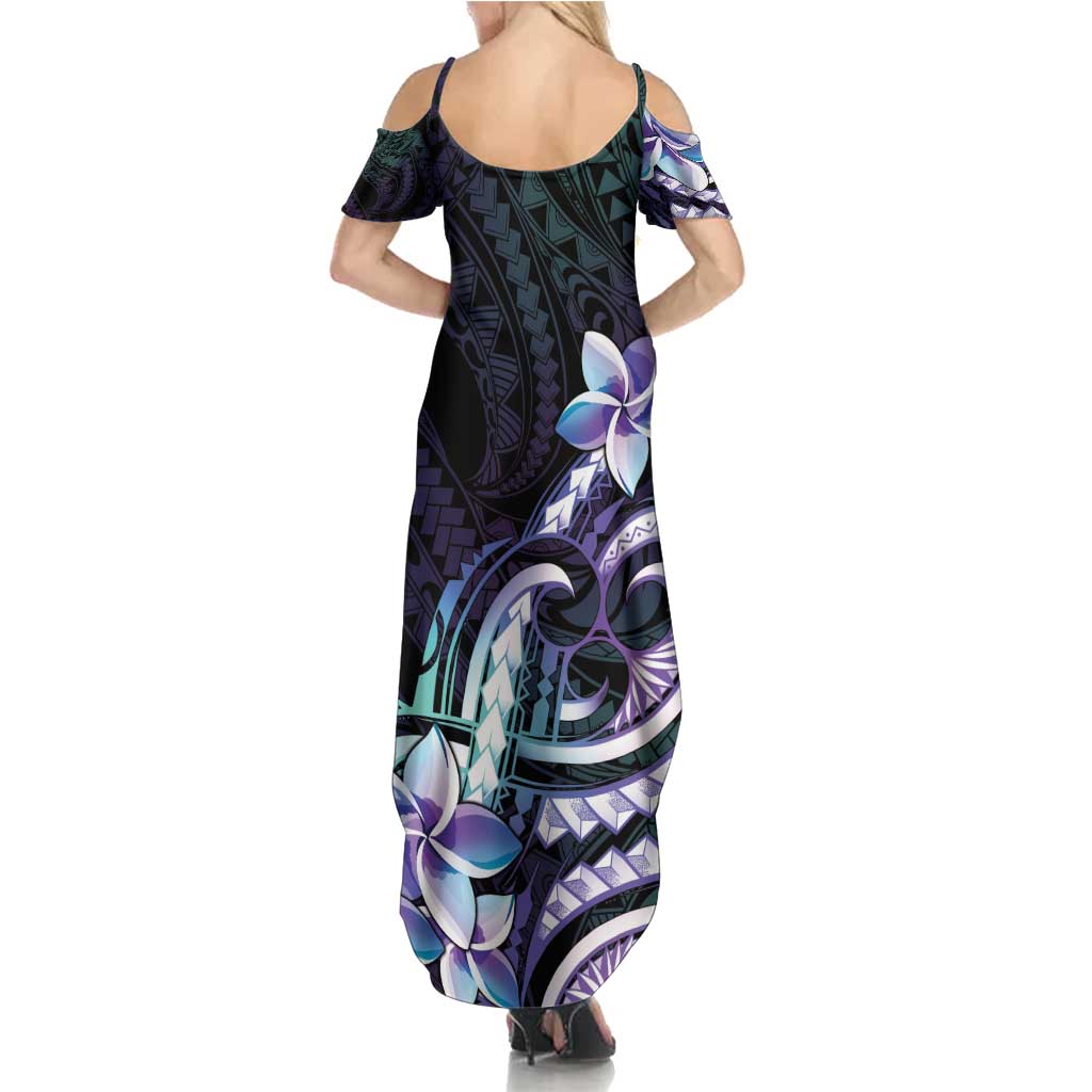 Polynesian Art Tattoo Family Matching Summer Maxi Dress and Hawaiian Shirt Plumeria Flowers Turquoise Gradient