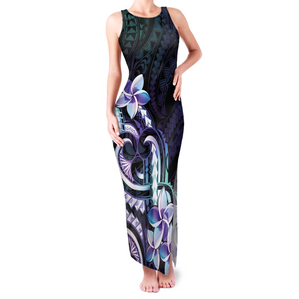 Polynesian Art Tattoo Family Matching Tank Maxi Dress and Hawaiian Shirt Plumeria Flowers Turquoise Gradient