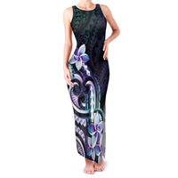 Polynesian Art Tattoo Family Matching Tank Maxi Dress and Hawaiian Shirt Plumeria Flowers Turquoise Gradient