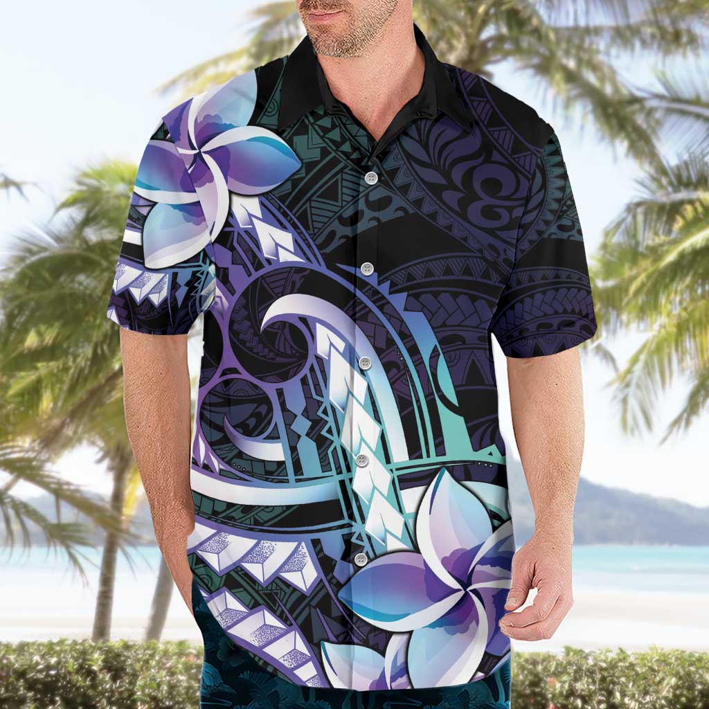 Polynesian Art Tattoo Hawaiian Shirt Plumeria Flowers Turquoise Gradient