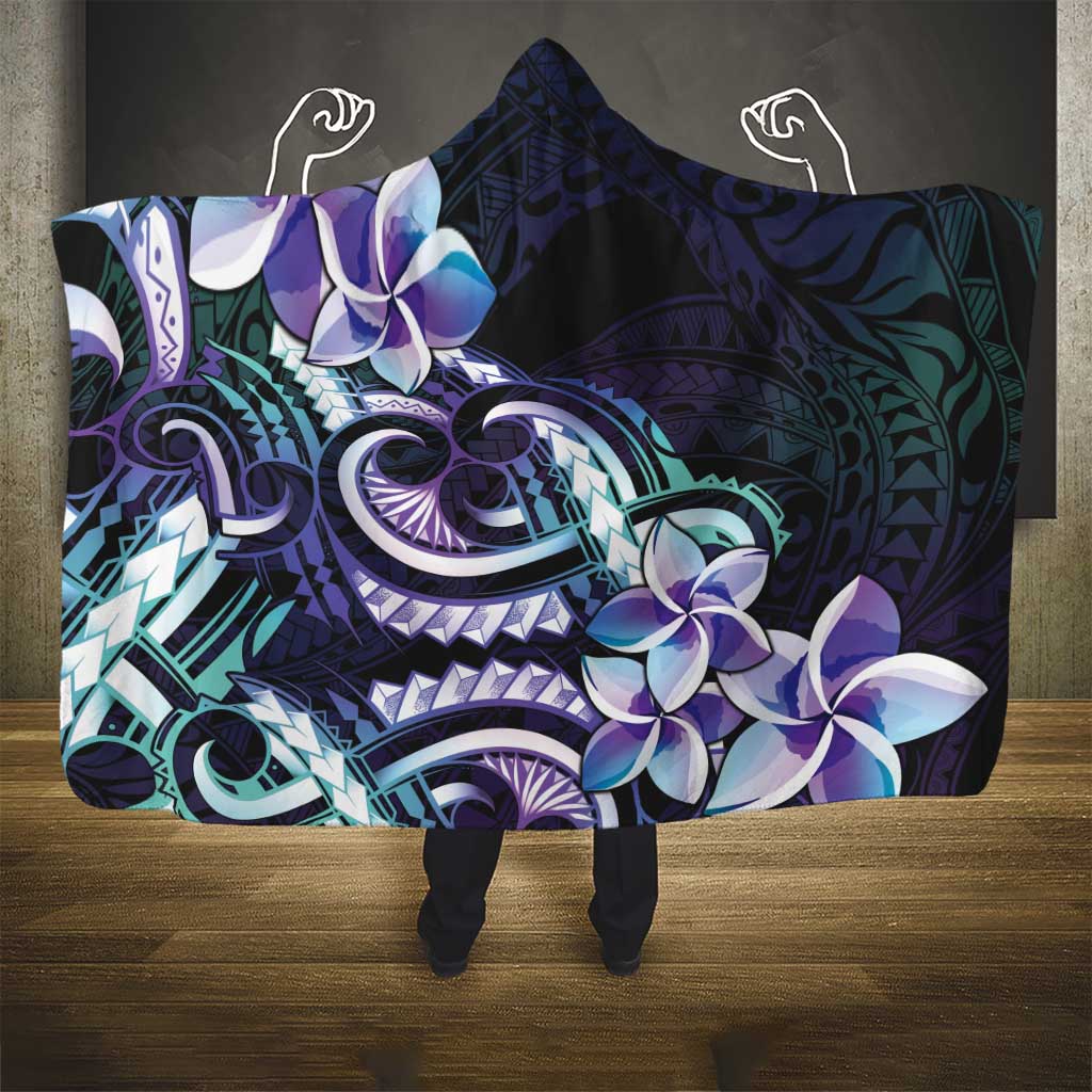 Polynesian Art Tattoo Hooded Blanket Plumeria Flowers Turquoise Gradient