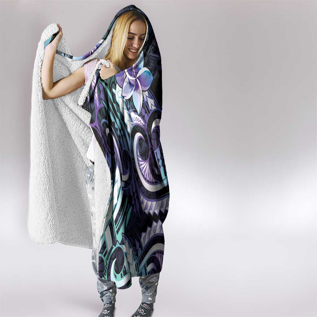 Polynesian Art Tattoo Hooded Blanket Plumeria Flowers Turquoise Gradient