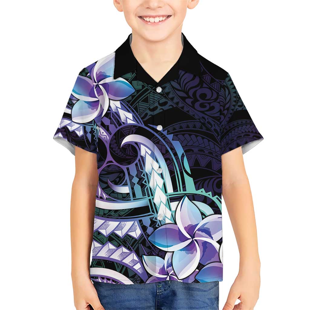 Polynesian Art Tattoo Kid Hawaiian Shirt Plumeria Flowers Turquoise Gradient