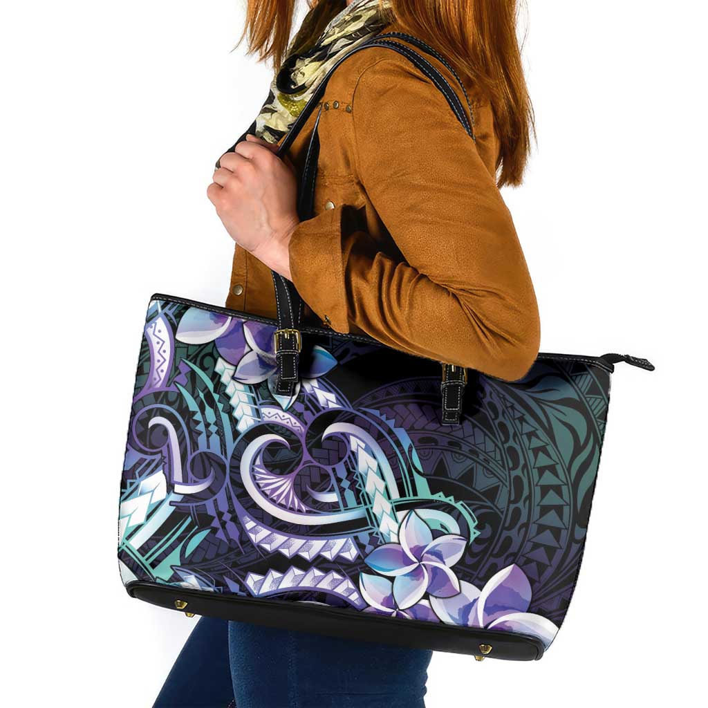 Polynesian Art Tattoo Leather Tote Bag Plumeria Flowers Turquoise Gradient