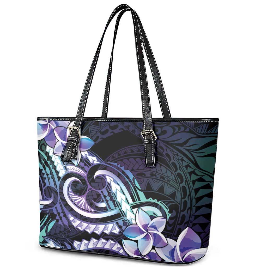 Polynesian Art Tattoo Leather Tote Bag Plumeria Flowers Turquoise Gradient
