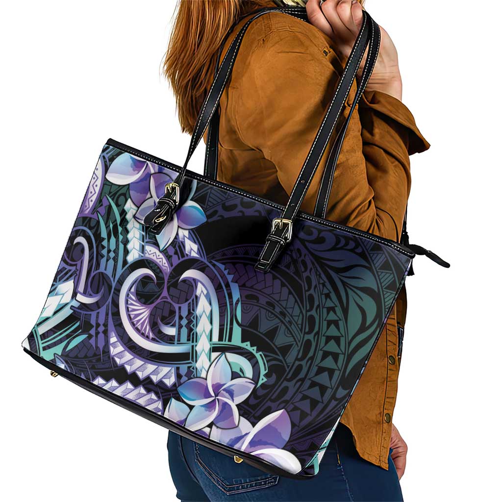Polynesian Art Tattoo Leather Tote Bag Plumeria Flowers Turquoise Gradient