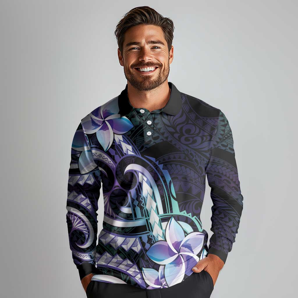 Polynesian Art Tattoo Long Sleeve Polo Shirt Plumeria Flowers Turquoise Gradient