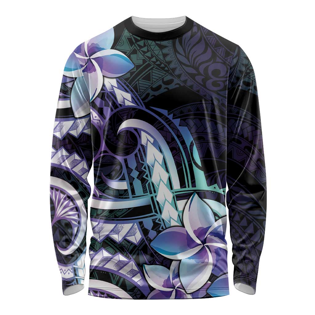 Polynesian Art Tattoo Long Sleeve Shirt Plumeria Flowers Turquoise Gradient