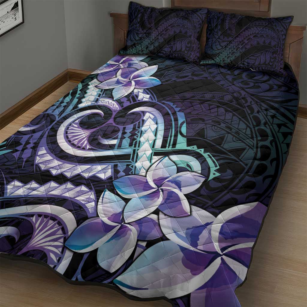 Polynesian Art Tattoo Quilt Bed Set Plumeria Flowers Turquoise Gradient