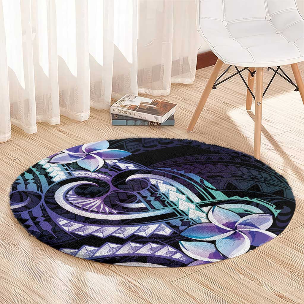 Polynesian Art Tattoo Round Carpet Plumeria Flowers Turquoise Gradient