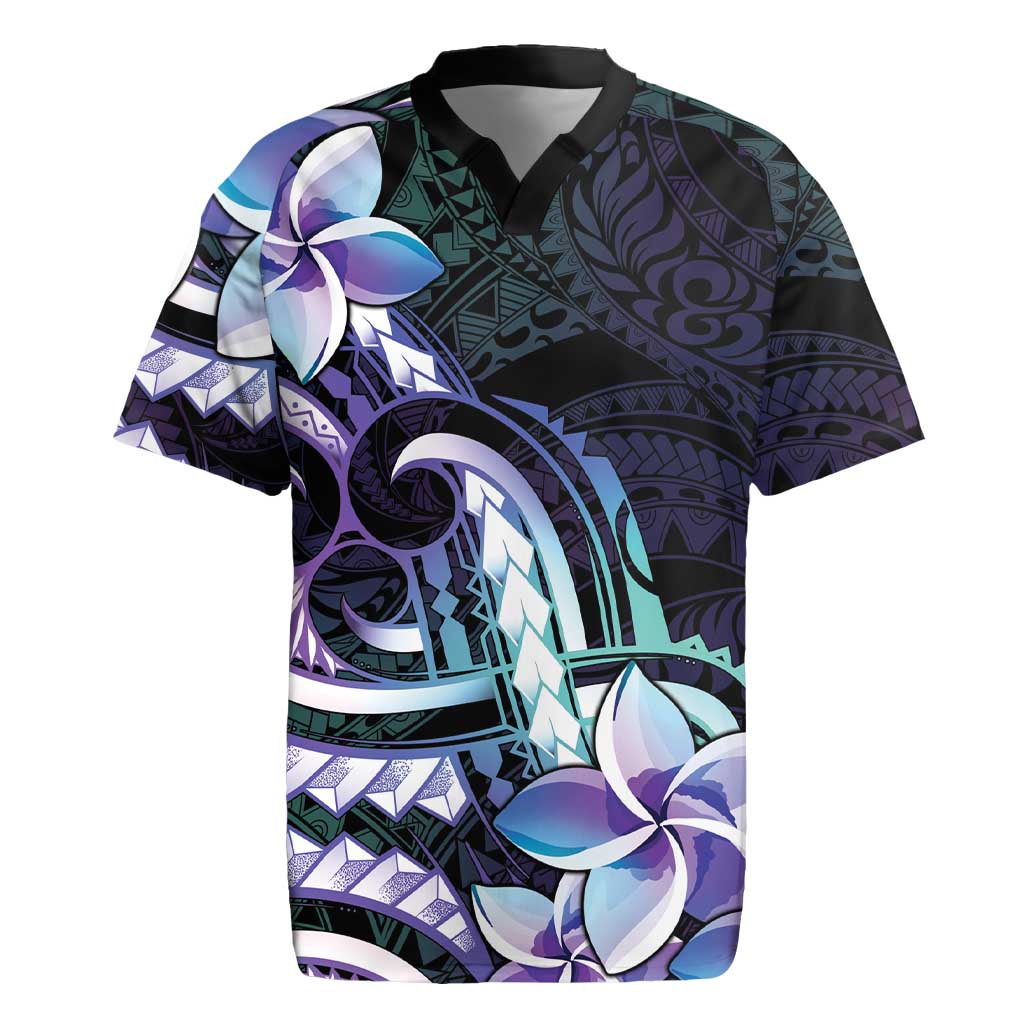 Polynesian Art Tattoo Rugby Jersey Plumeria Flowers Turquoise Gradient