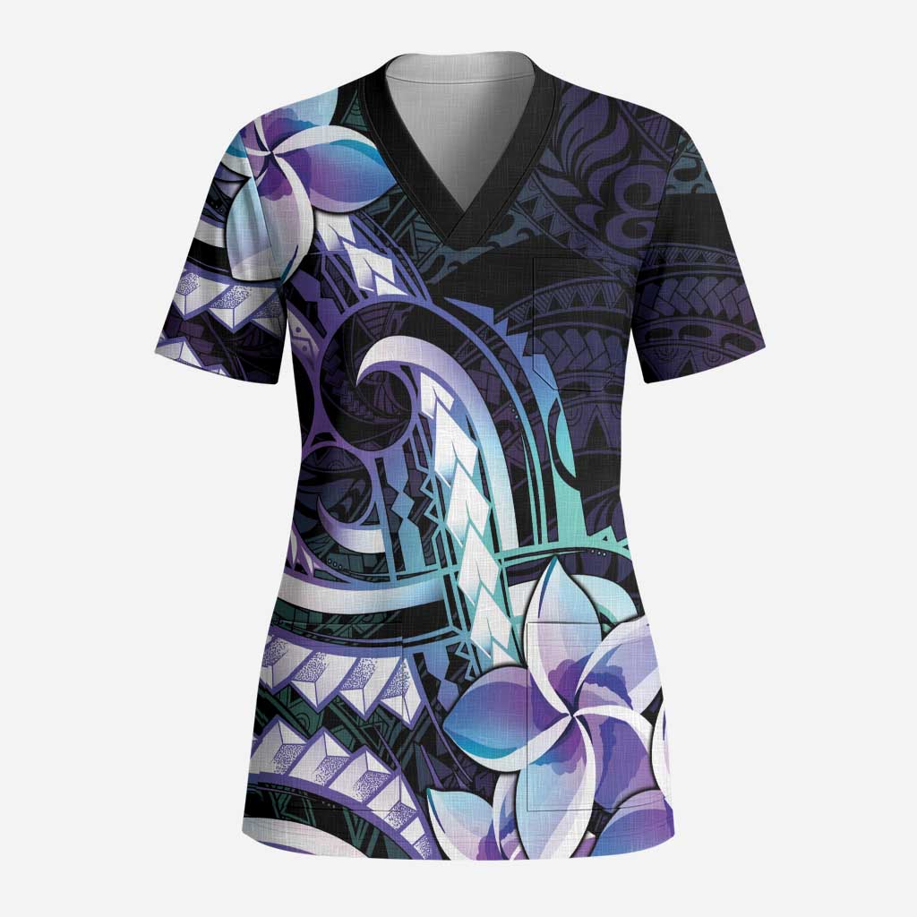 Polynesian Art Tattoo Scrub Top Plumeria Flowers Turquoise Gradient - Polynesian Pride