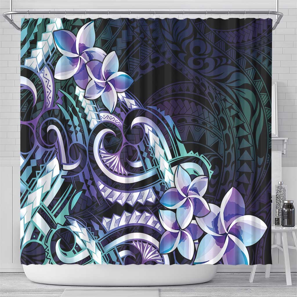 Polynesian Art Tattoo Shower Curtain Plumeria Flowers Turquoise Gradient