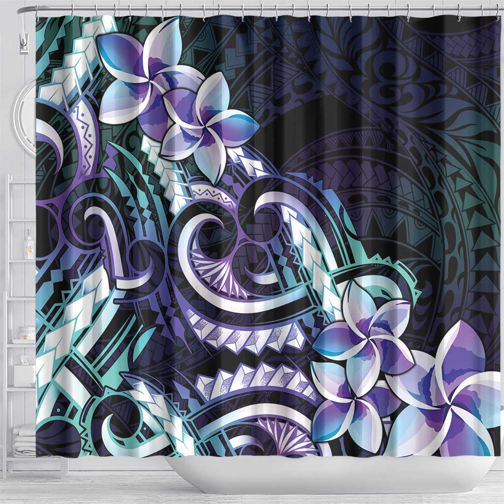 Polynesian Art Tattoo Shower Curtain Plumeria Flowers Turquoise Gradient