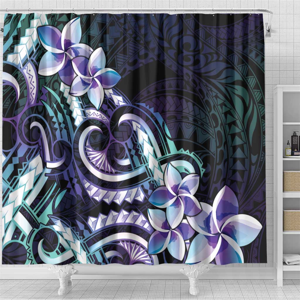 Polynesian Art Tattoo Shower Curtain Plumeria Flowers Turquoise Gradient