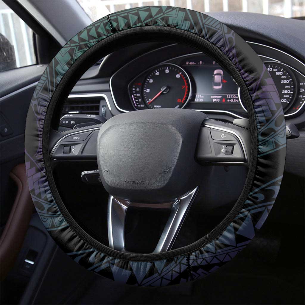 Polynesian Art Tattoo Steering Wheel Cover Plumeria Flowers Turquoise Gradient
