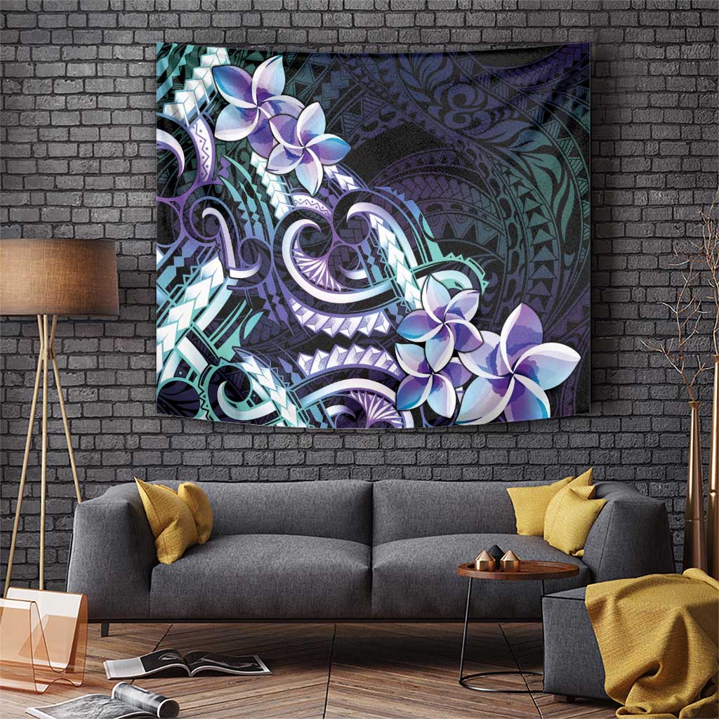 Polynesian Art Tattoo Tapestry Plumeria Flowers Turquoise Gradient
