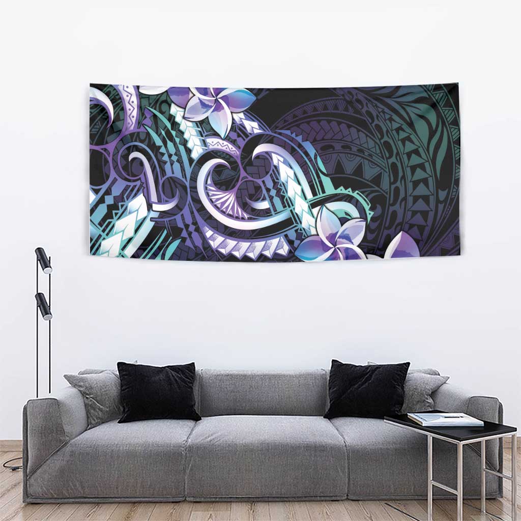 Polynesian Art Tattoo Tapestry Plumeria Flowers Turquoise Gradient