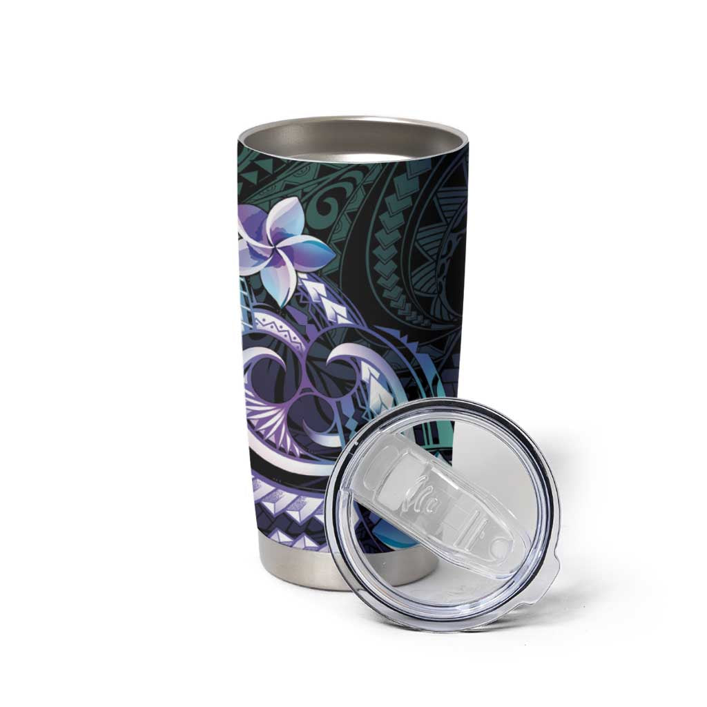 Polynesian Art Tattoo Tumbler Cup Plumeria Flowers Turquoise Gradient