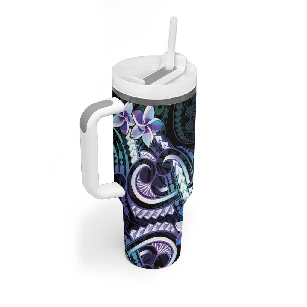 Polynesian Art Tattoo Tumbler With Handle Plumeria Flowers Turquoise Gradient