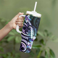 Polynesian Art Tattoo Tumbler With Handle Plumeria Flowers Turquoise Gradient