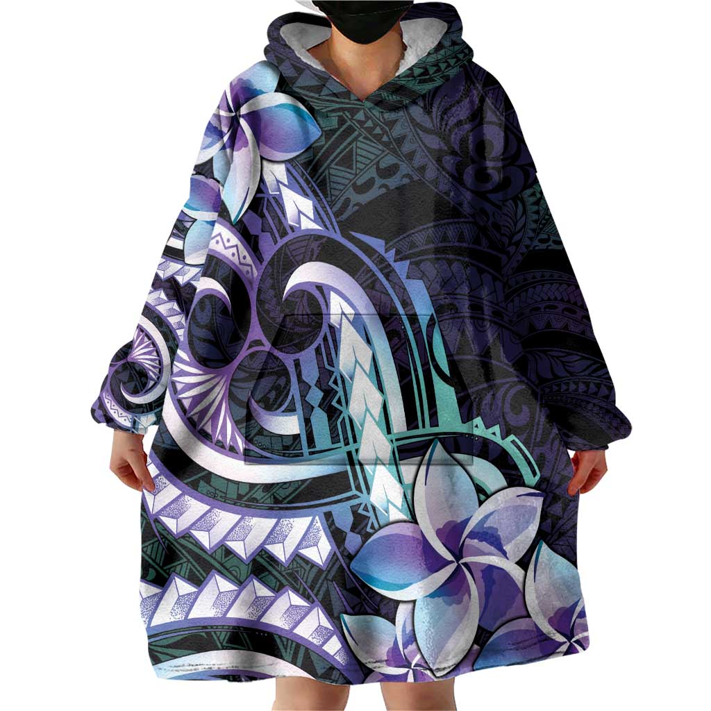 Polynesian Art Tattoo Wearable Blanket Hoodie Plumeria Flowers Turquoise Gradient