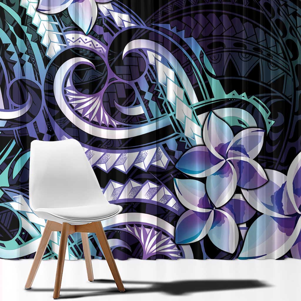 Polynesian Art Tattoo Window Curtain Plumeria Flowers Turquoise Gradient