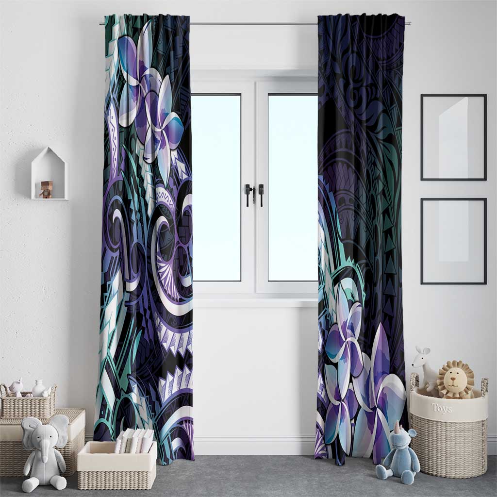Polynesian Art Tattoo Window Curtain Plumeria Flowers Turquoise Gradient