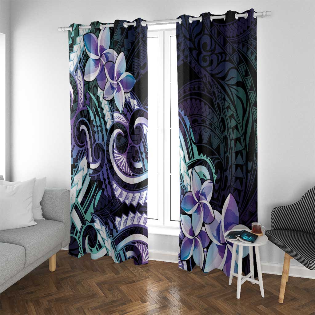 Polynesian Art Tattoo Window Curtain Plumeria Flowers Turquoise Gradient