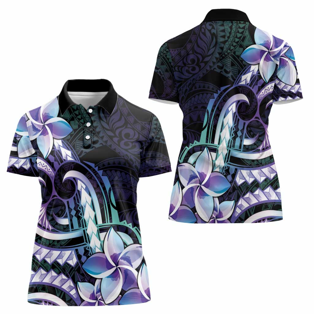 Polynesian Art Tattoo Women Polo Shirt Plumeria Flowers Turquoise Gradient