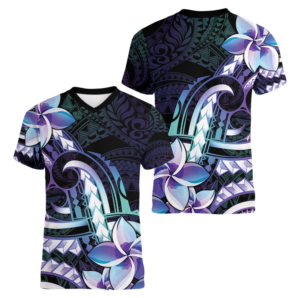 Polynesian Art Tattoo Women V-Neck T-Shirt Plumeria Flowers Turquoise Gradient