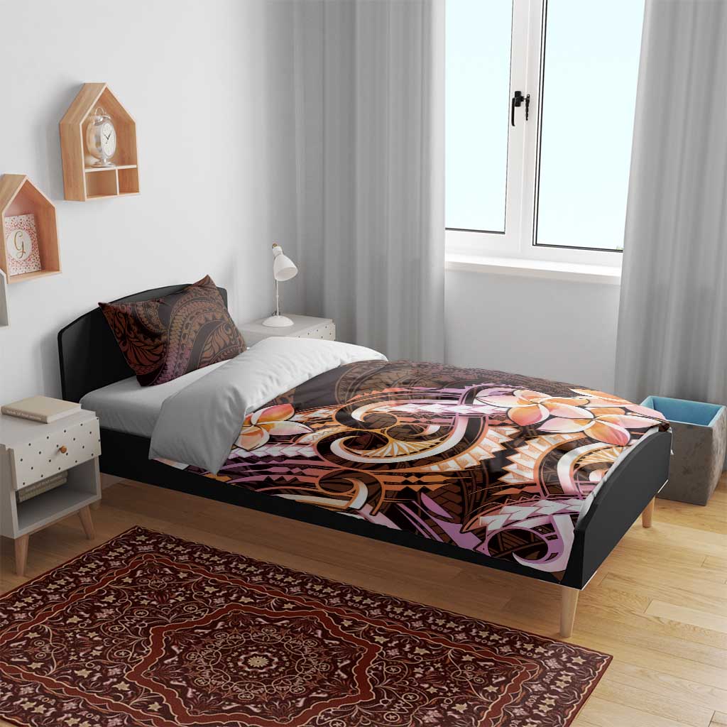 Polynesian Art Tattoo Bedding Set Plumeria Flowers Peach Gradient