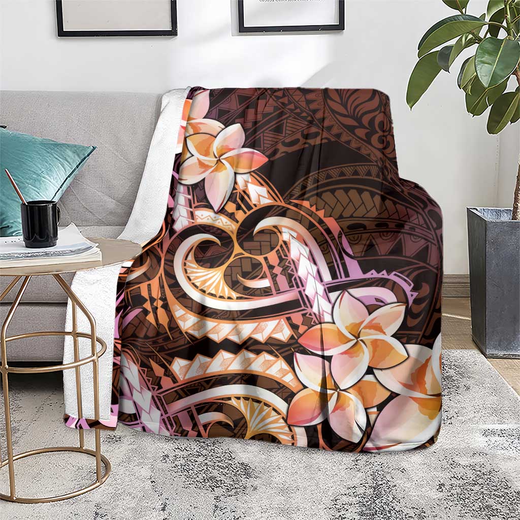 Polynesian Art Tattoo Blanket Plumeria Flowers Peach Gradient