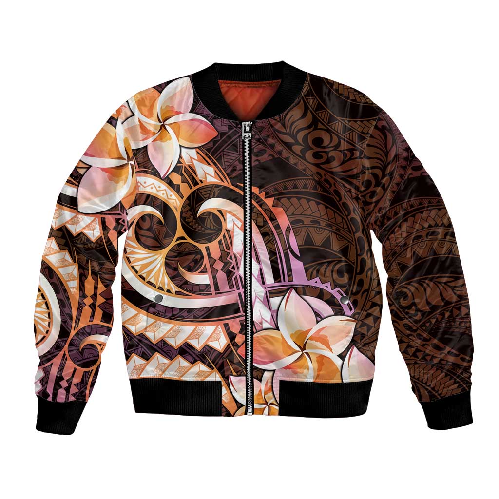Polynesian Art Tattoo Bomber Jacket Plumeria Flowers Peach Gradient LT05 Unisex Peach - Polynesian Pride